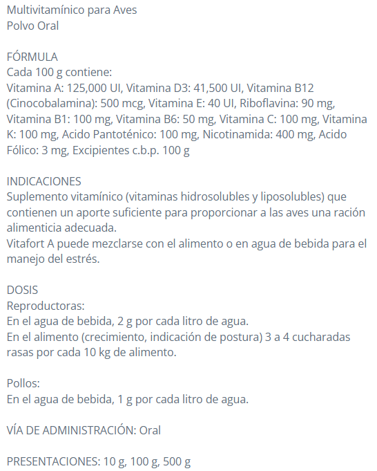 Vitafort -A. Polvo vitamínico oral para aves (100g)