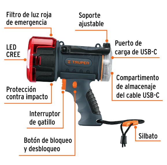 Linterna Truper 900 Lúmenes. Batería de Litio. 11 horas de duración