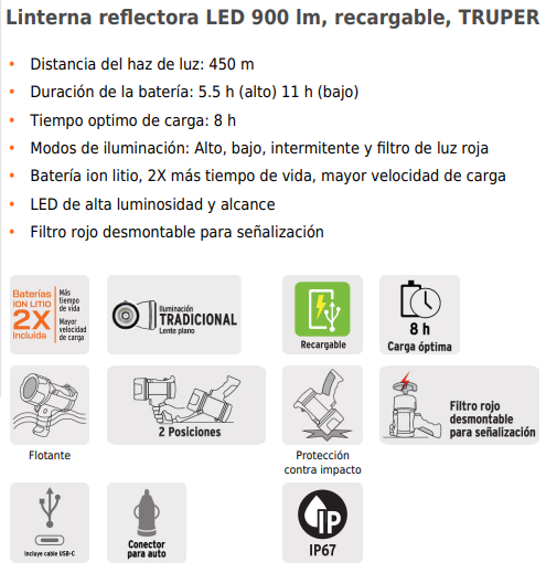 Linterna TRUPER 900 Lúmenes. Batería de Litio.