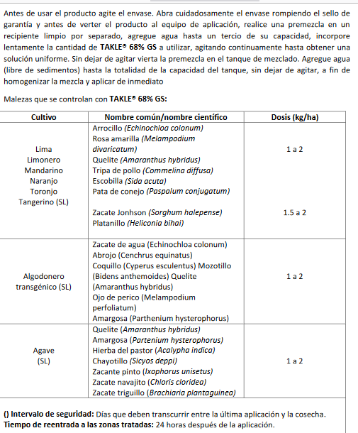Hierbicida Takle 68% GS sal monoamónica de glisofato