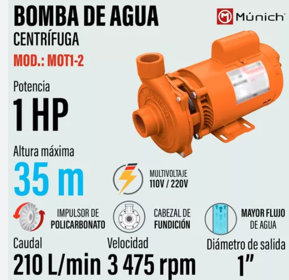 Motobomba Centrífuga Monofásica 1 Hp Munich MOT1-2