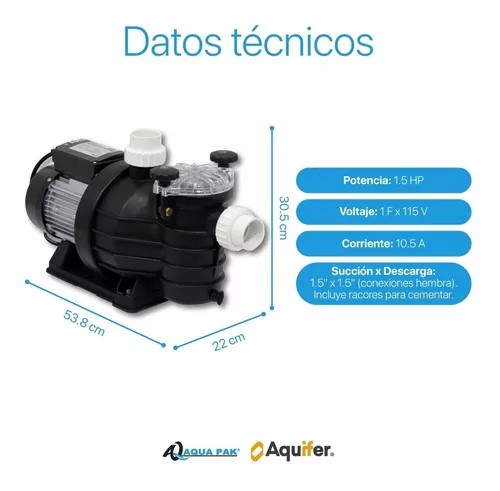 Bomba centrífuga para piscina AQUA PAK Silver 1.5HP. 115V monofásica 267 L/min