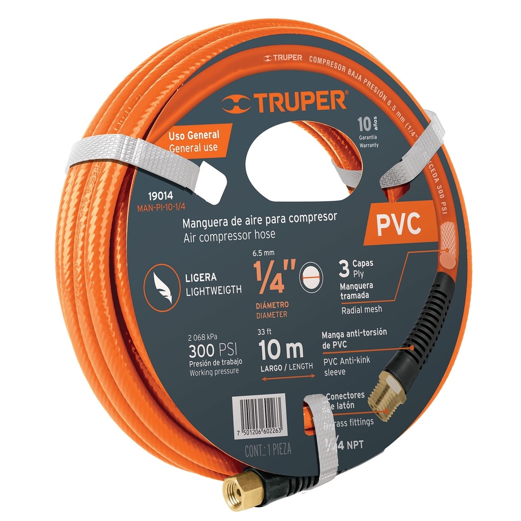 Manguera TRUPER de PVC para compresor. 10mx1/4"