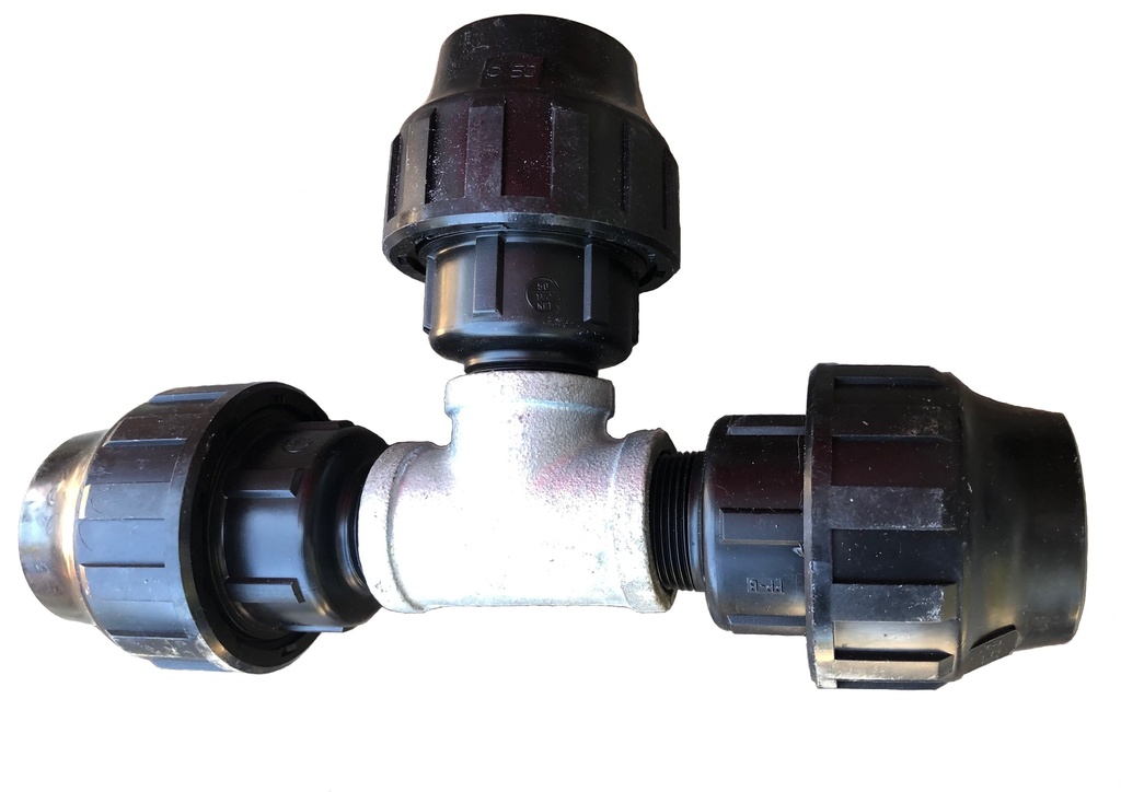 Tee galvanizada con 3 adaptadores 50x1-1/4"