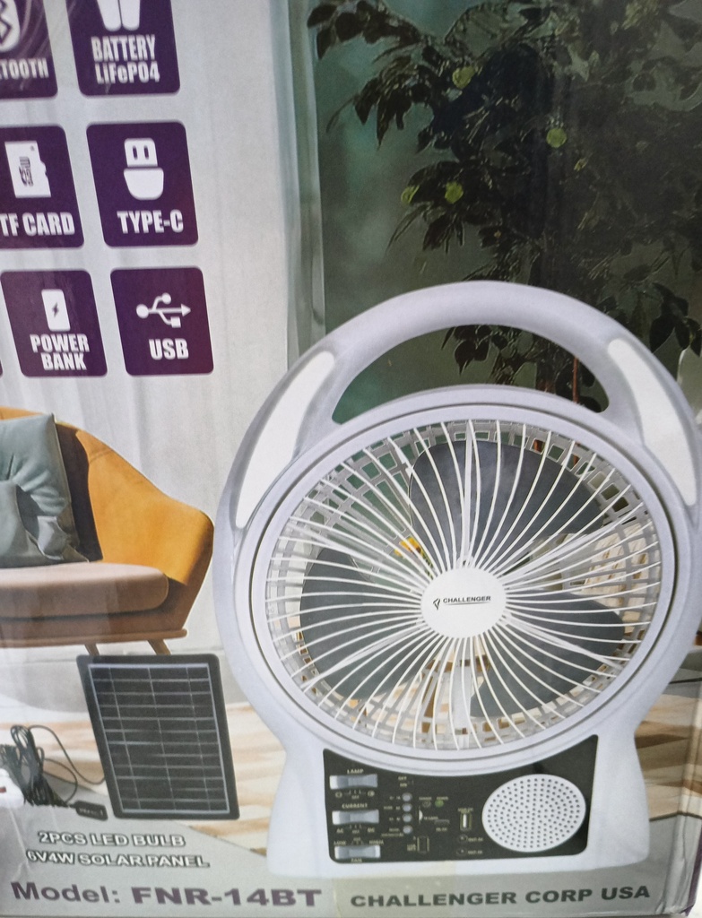 Ventilador Challenger 8" con lámpara LED, Bluetooth, power bank, radio FM y panel solar 6V4W