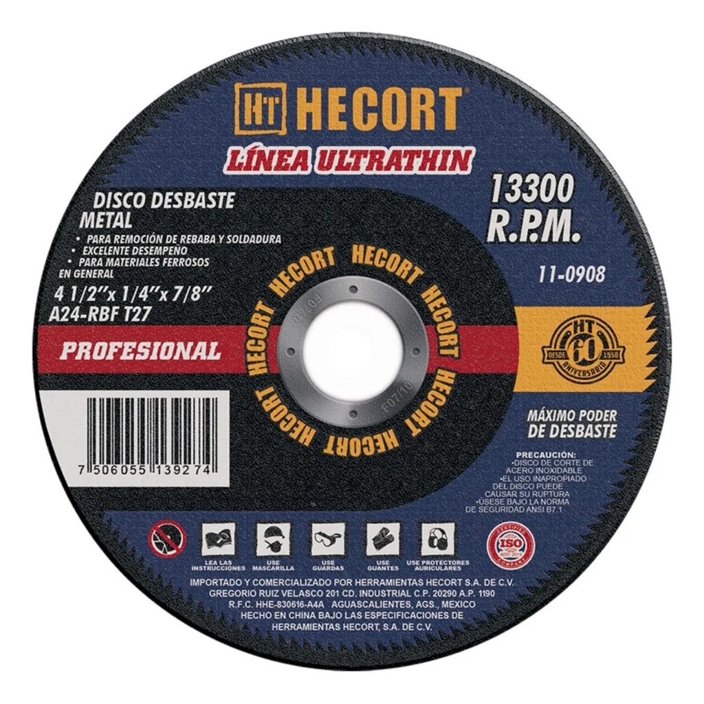Disco de desbaste de metales 4-1/2"x1/4"x7/8" HECORT (11-0908)