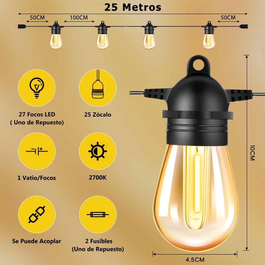 Guirnalda vintage 25m impermeable + 2 LED